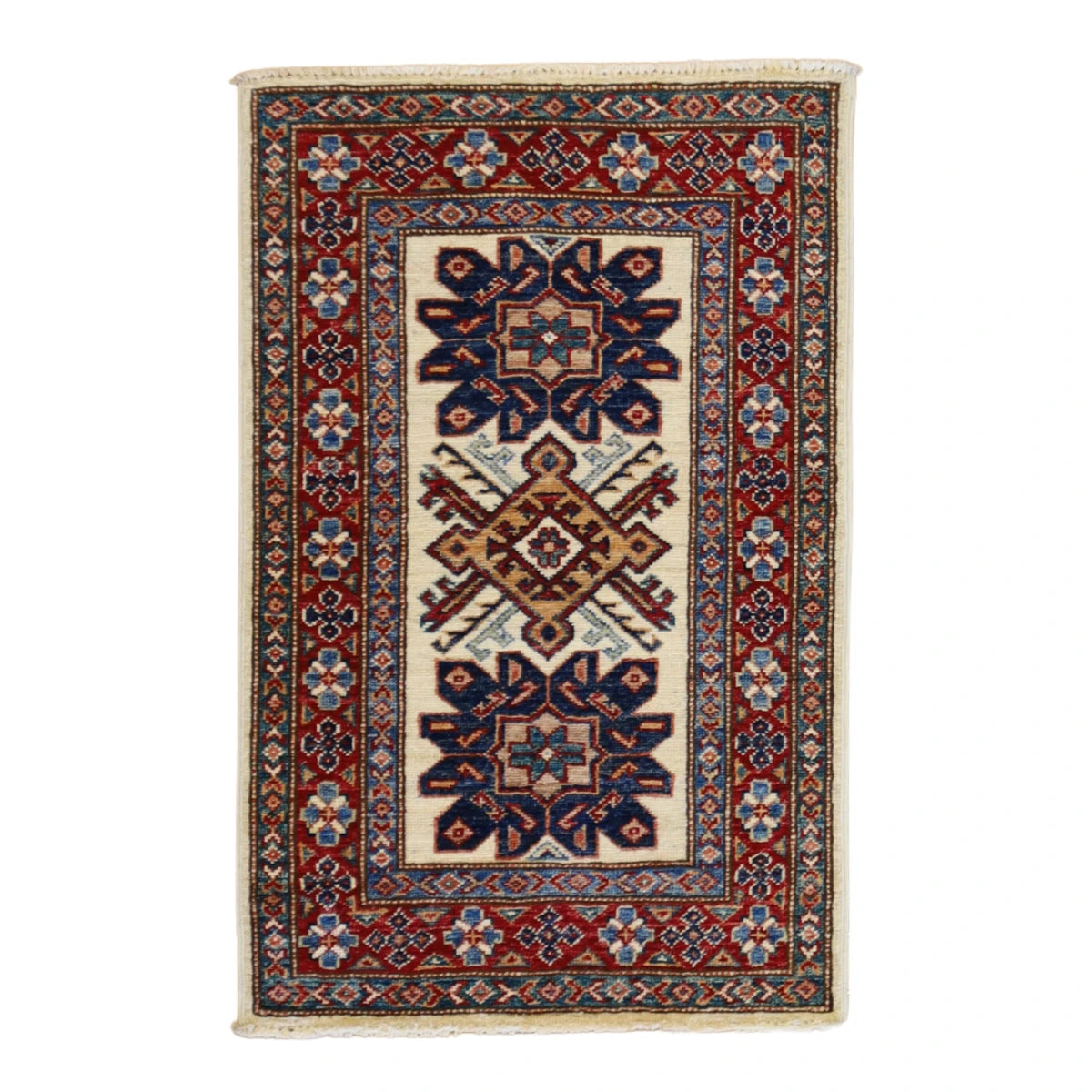 1'11" x 3'0" IVORY AND RED KAZAK GEOMETRIC PAKISTANI RUG