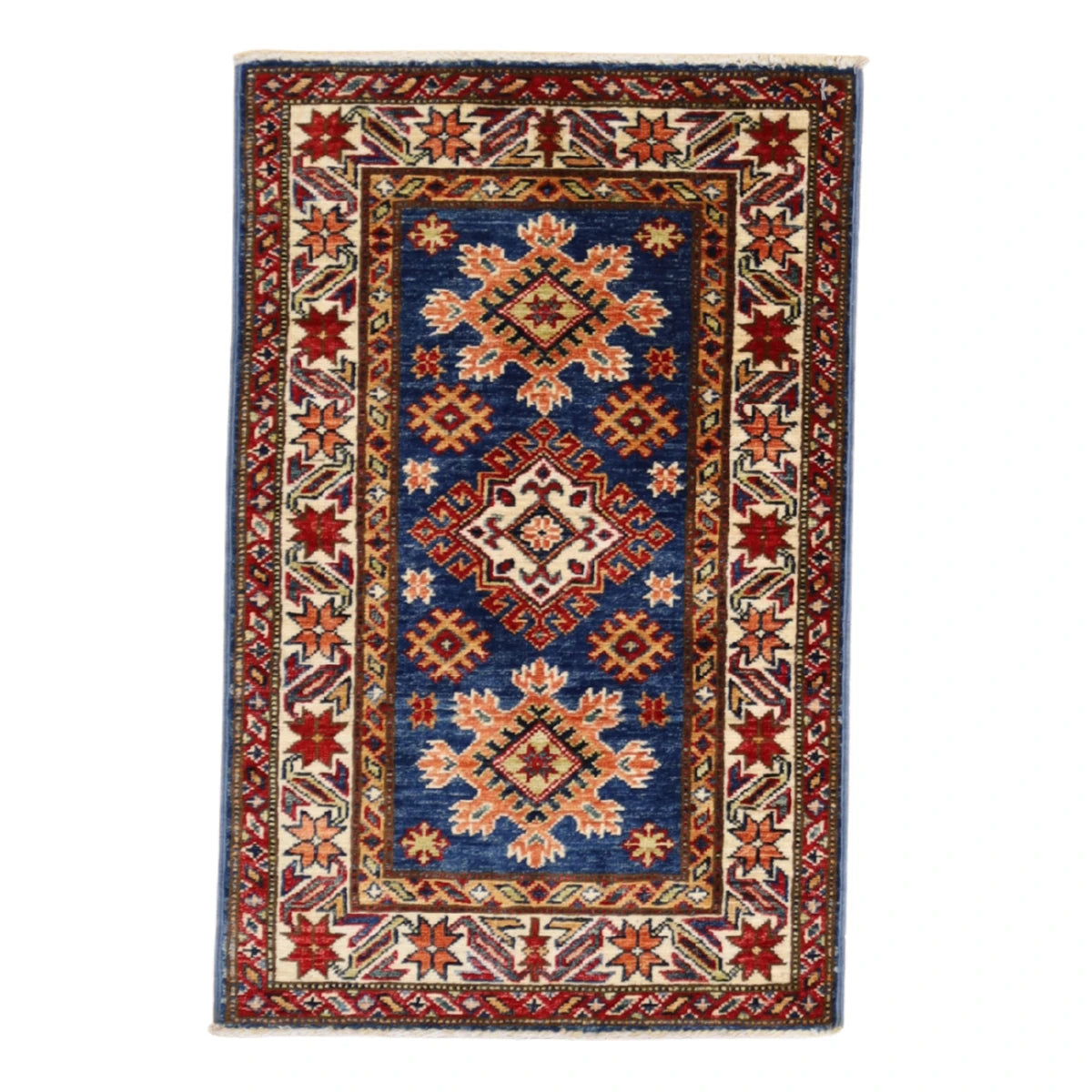 2'0" x 3'0" BLUE AND IVORY KAZAK GEOMETRIC PAKISTANI RUG