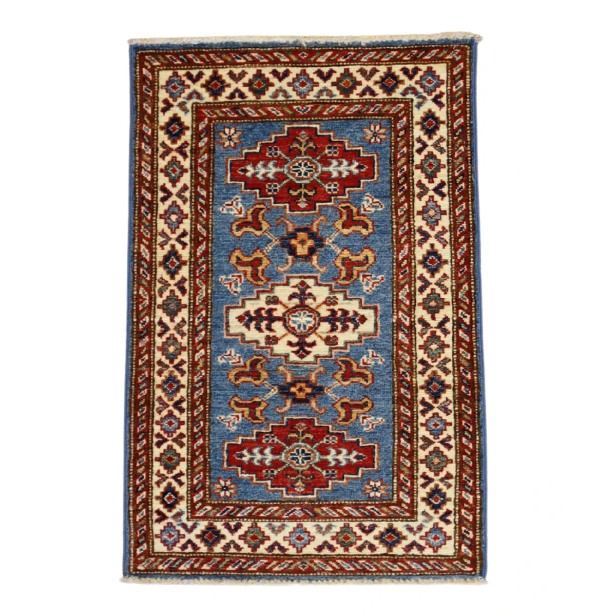 2'1" x 3'1" BLUE AND IVORY KAZAK GEOMETRIC PAKISTANI RUG