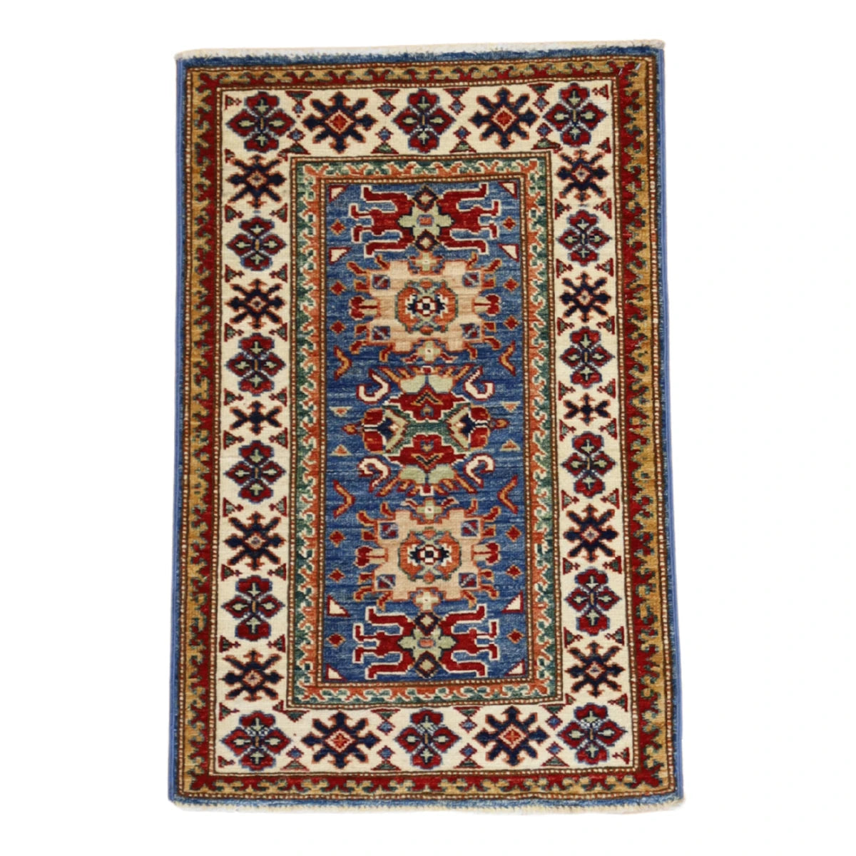 2'0" x 3'0" BLUE AND BEIGE KAZAK GEOMETRIC PAKISTANI RUG