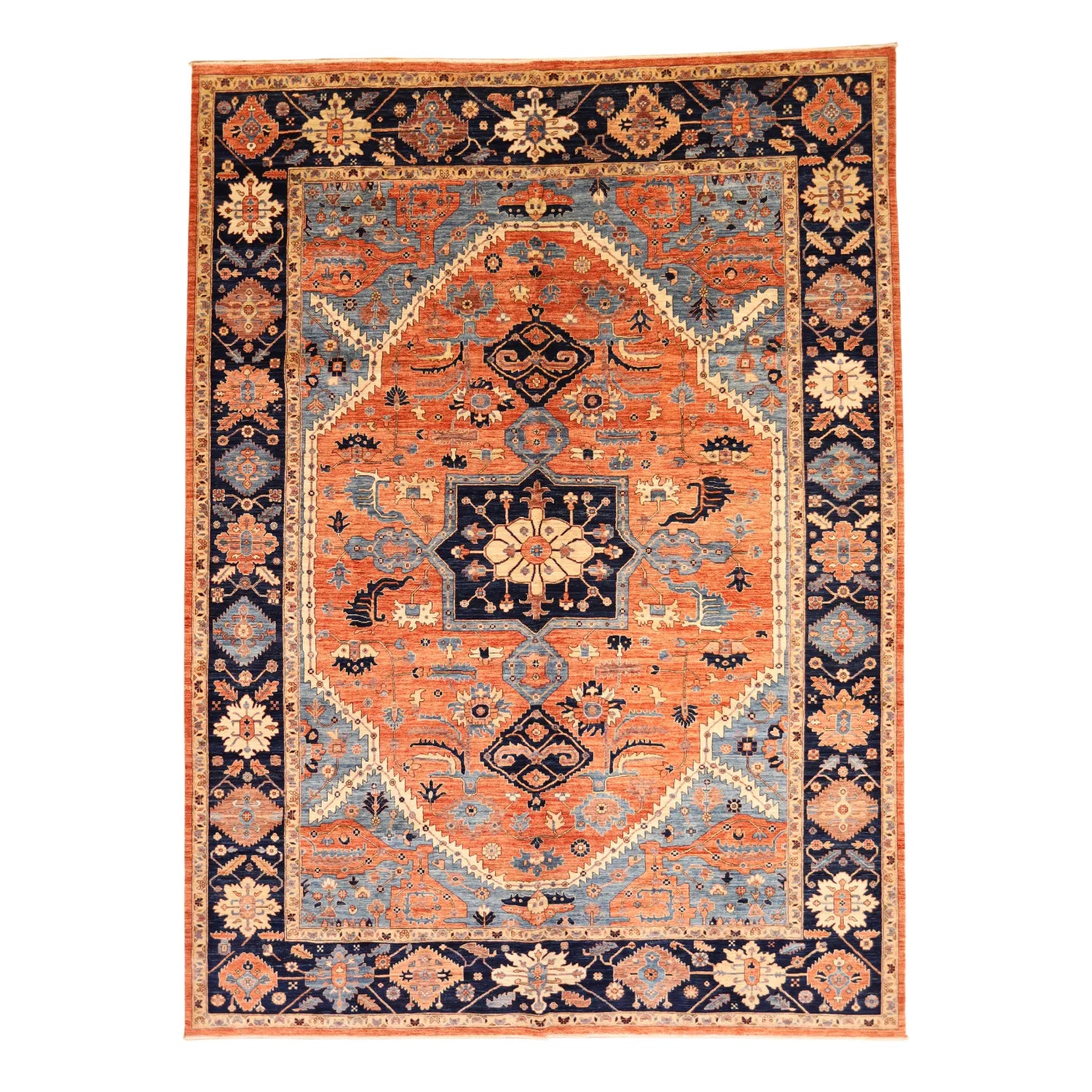 9'10" x  13'5" RUST AND NAVY KAZAK GEOMETRIC PAKISTANI RUG