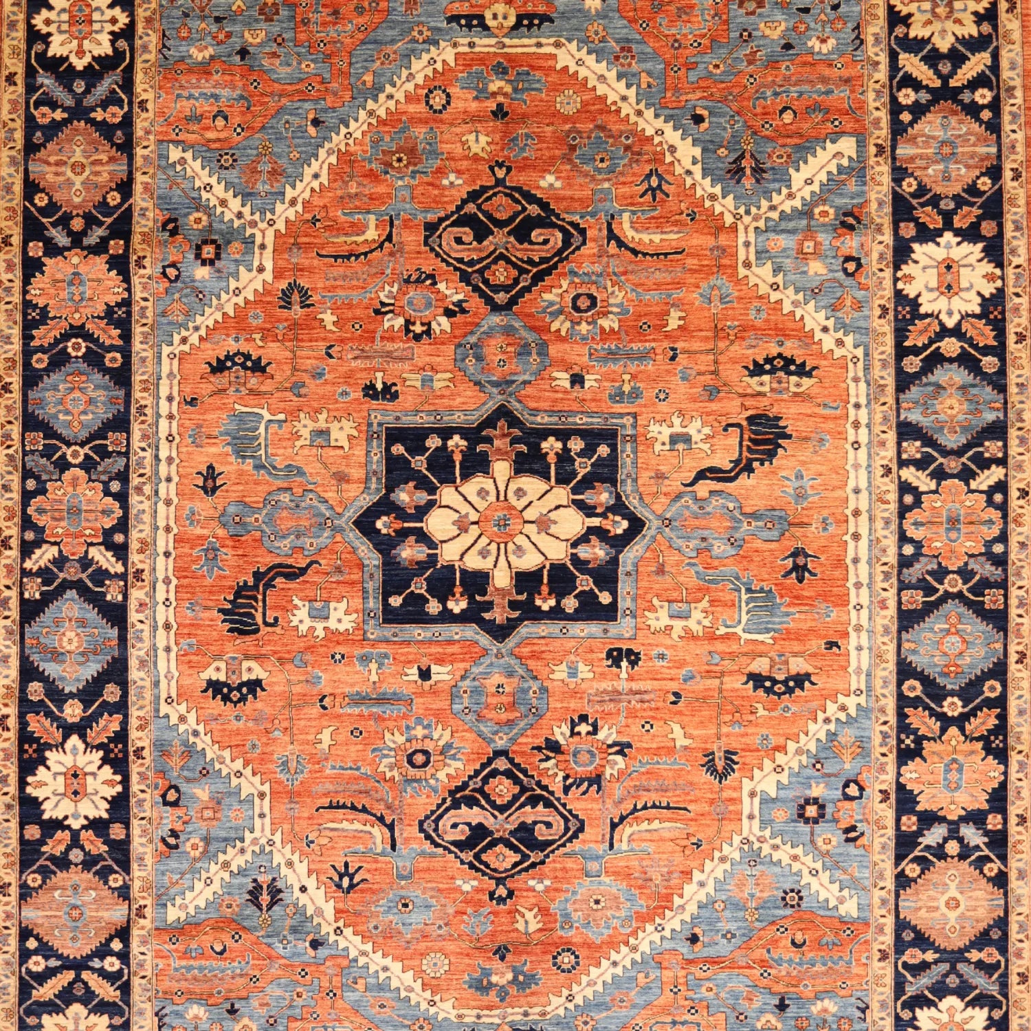 9'10" x  13'5" RUST AND NAVY KAZAK GEOMETRIC PAKISTANI RUG