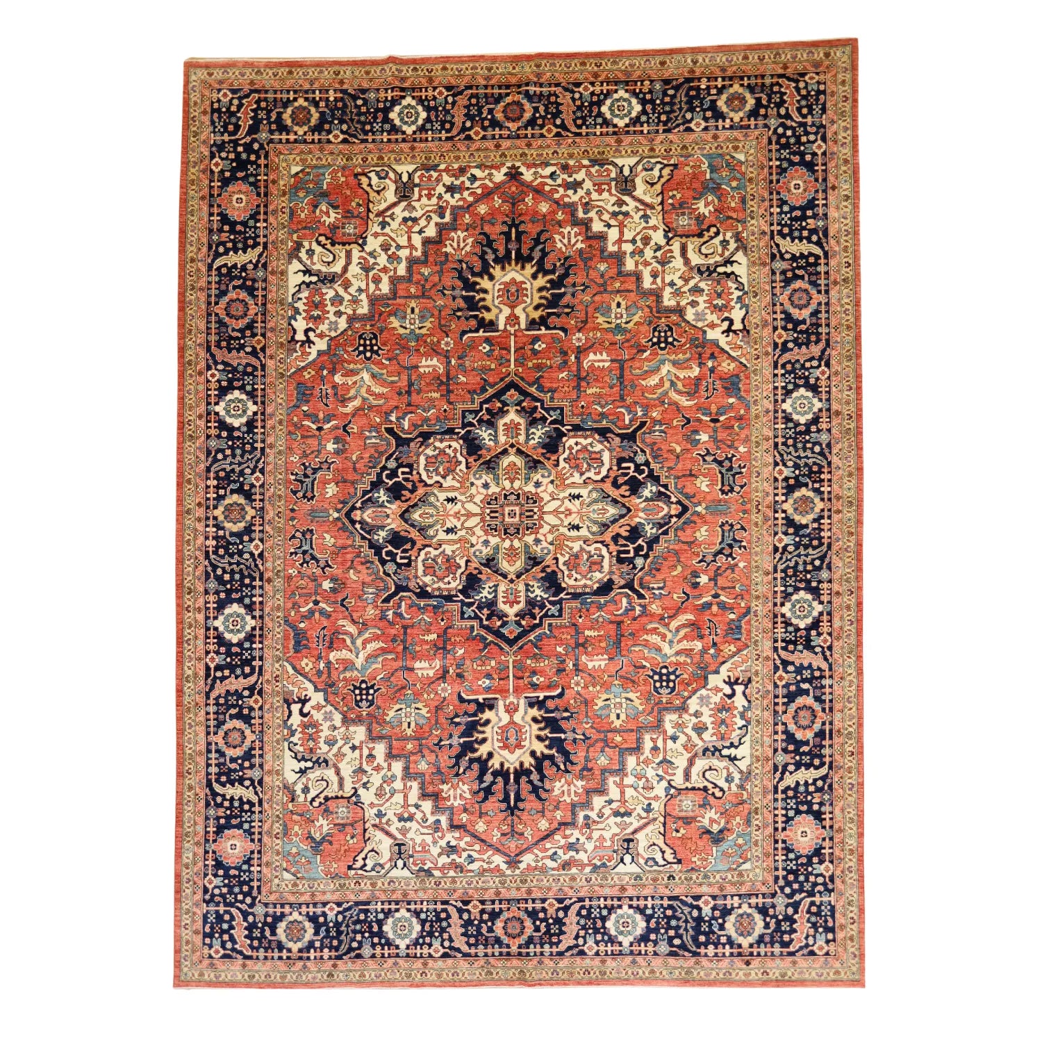10'   2" x  13'  10" RED AND NAVY KAZAK GEOMETRIC PAKISTANI RUG