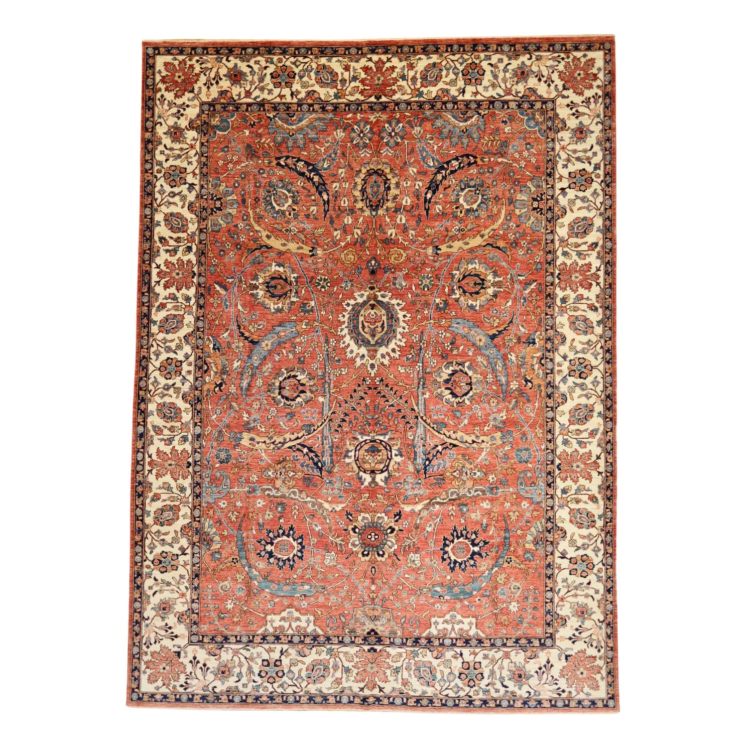 9'9" x  13'6" RED AND IVORY KAZAK GEOMETRIC PAKISTANI RUG