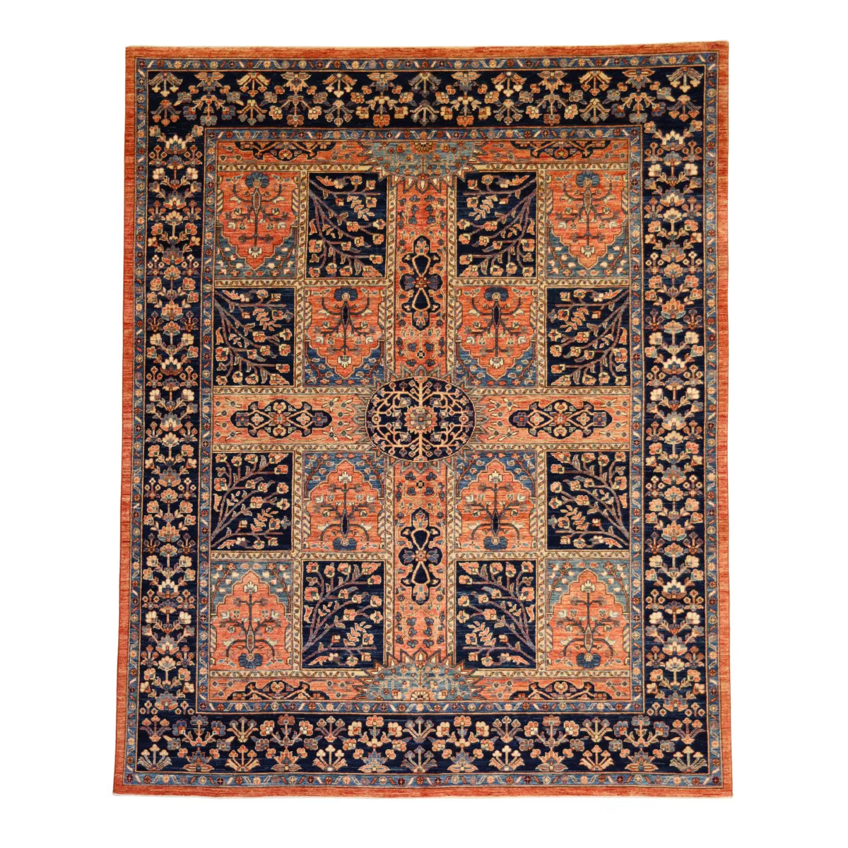 8' 1" x 9' 11" - RUST AND NAVY KAZAK PANNEL PAKISTANI RUG
