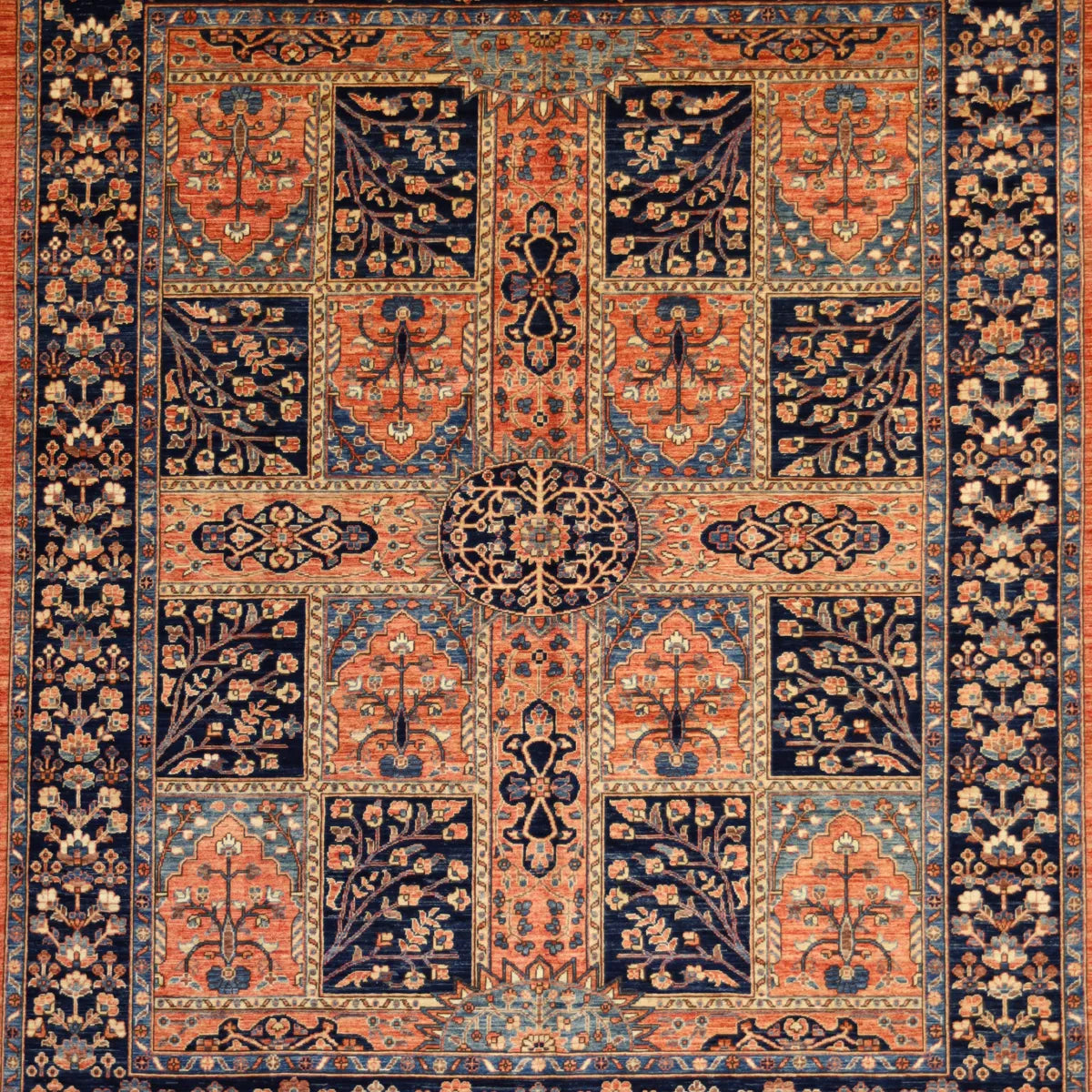 8' 1" x 9' 11" - RUST AND NAVY KAZAK PANNEL PAKISTANI RUG