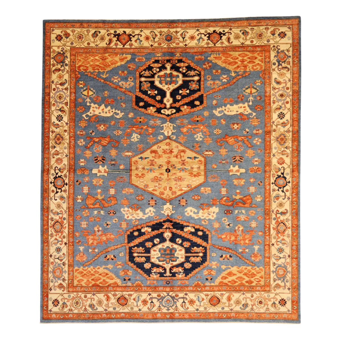 8' 3" x 9' 8" - BLUE AND IVORY KAZAK GEOMETRIC PAKISTANI RUG