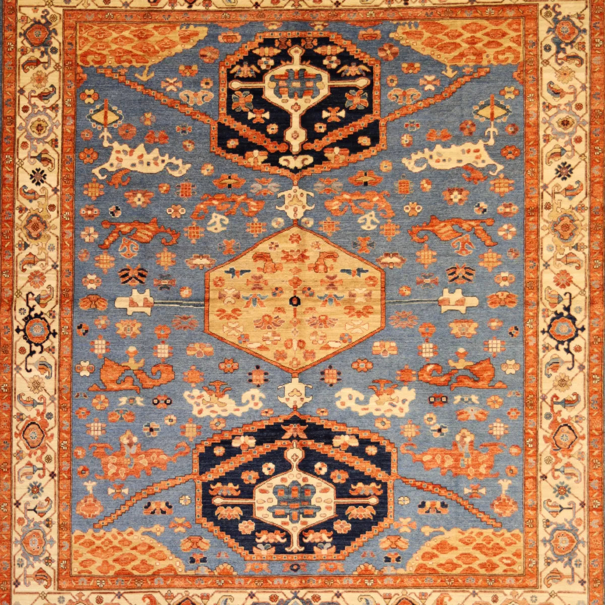 8' 3" x 9' 8" - BLUE AND IVORY KAZAK GEOMETRIC PAKISTANI RUG