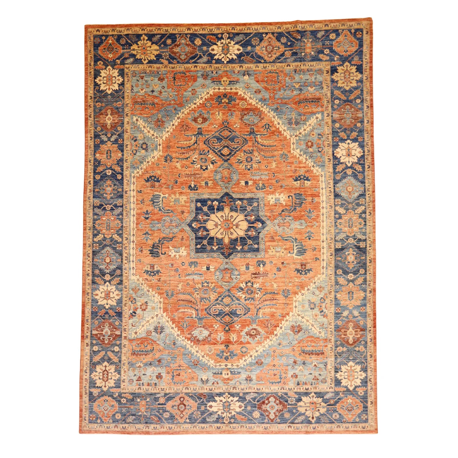 9'10" x  13'11" RUST AND NAVY KAZAK GEOMETRIC PAKISTANI RUG