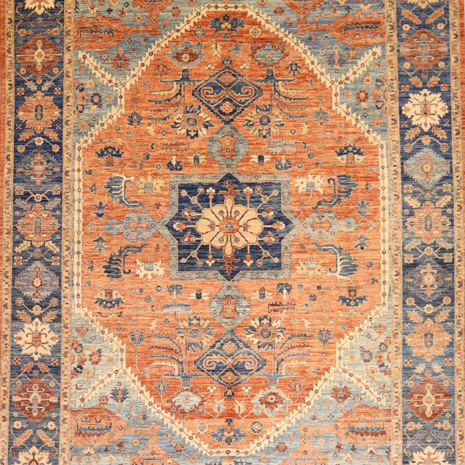 9'10" x  13'11" RUST AND NAVY KAZAK GEOMETRIC PAKISTANI RUG