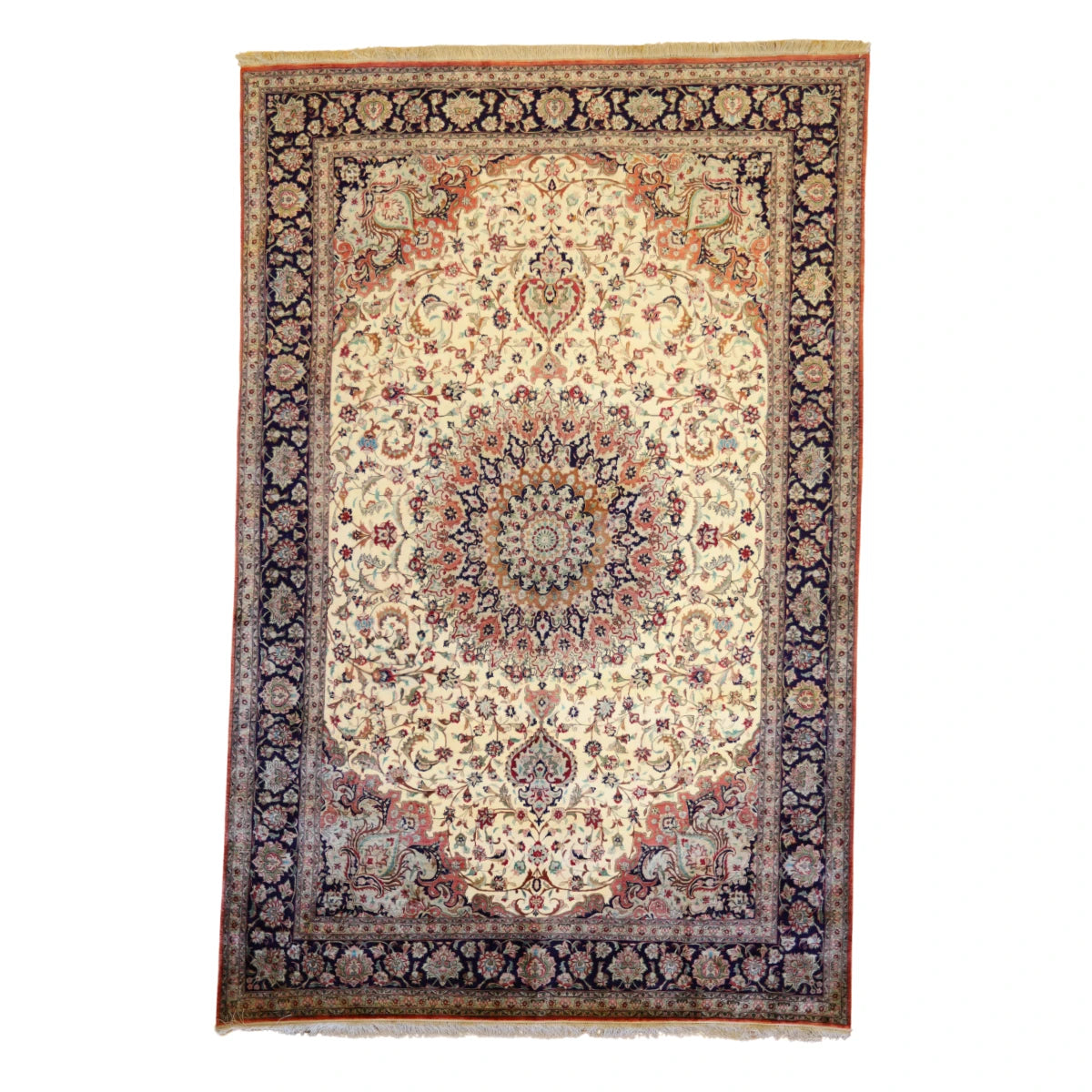 6'6" x 9'10" BEIGE AND NAVY QUM FLORAL PERSIAN RUG