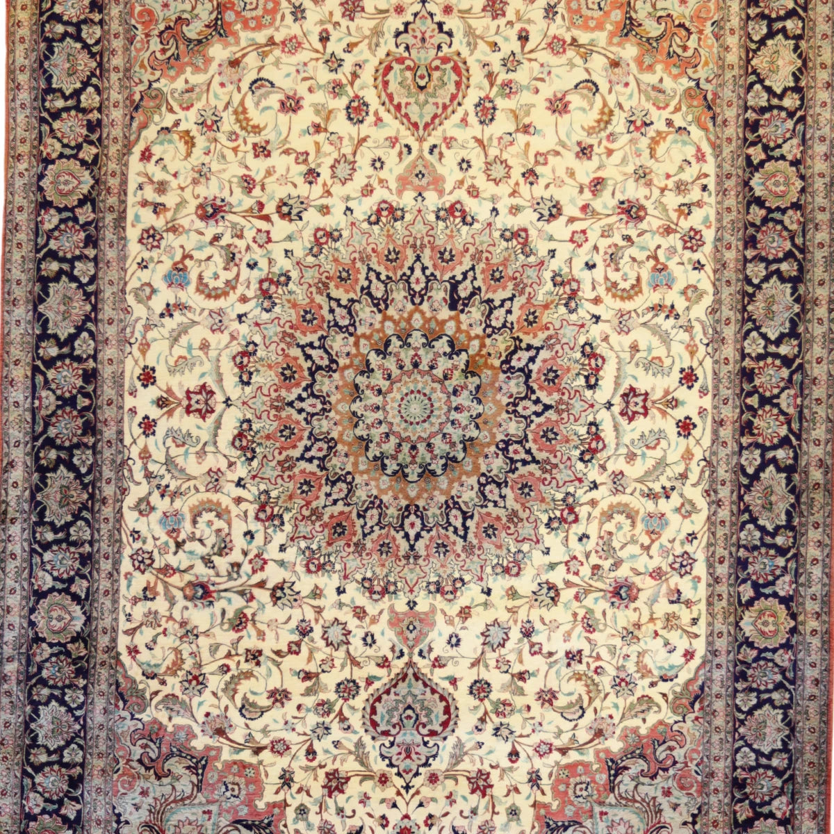 6'6" x 9'10" BEIGE AND NAVY QUM FLORAL PERSIAN RUG