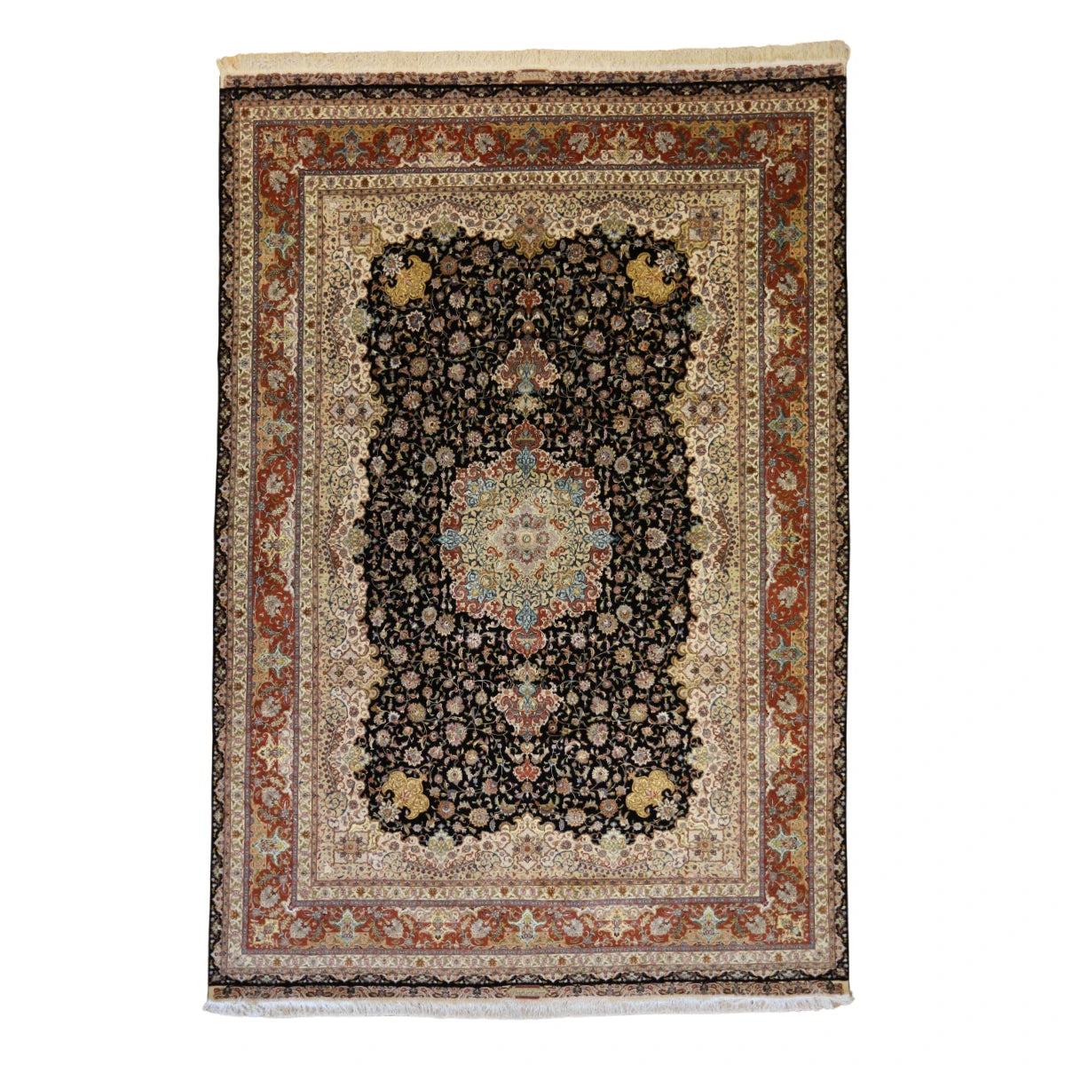 8'2" x 12'0" BLACK AND RUST TABRIZ FLORAL PERSIAN RUG