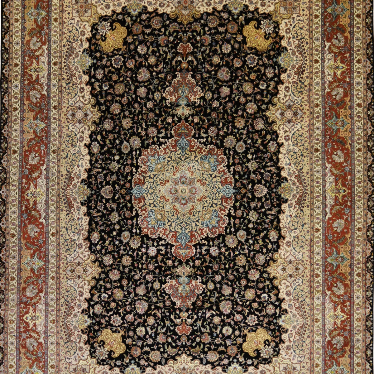 8'2" x 12'0" BLACK AND RUST TABRIZ FLORAL PERSIAN RUG