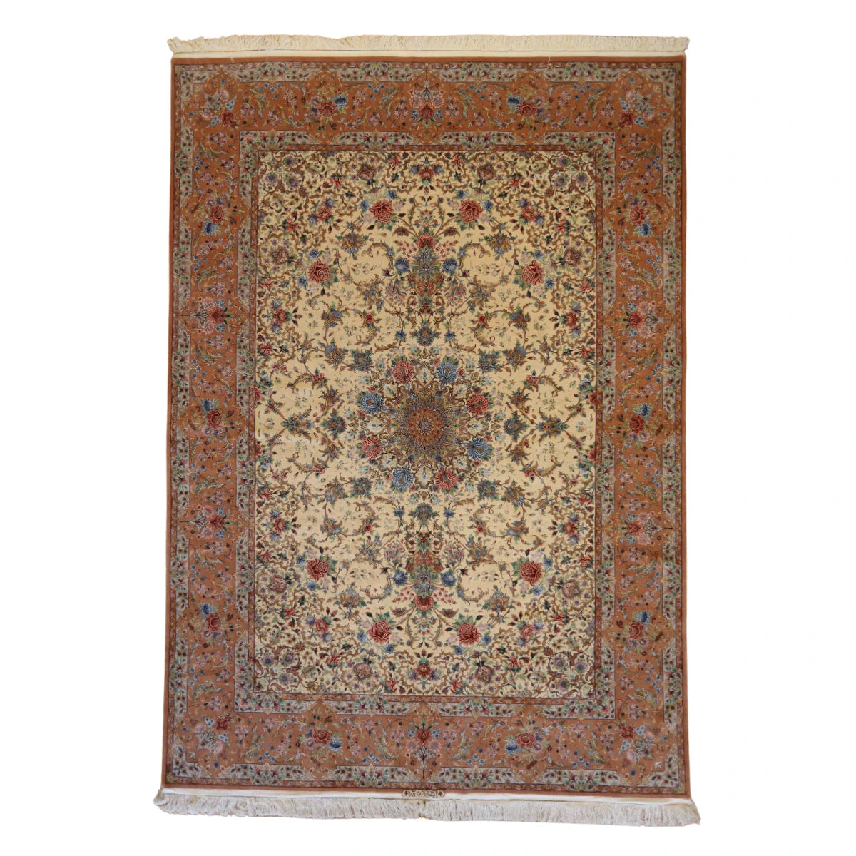 8'1" x 11'6" BEIGE AND PINK ISFAHAN FLORAL PERSIAN RUG