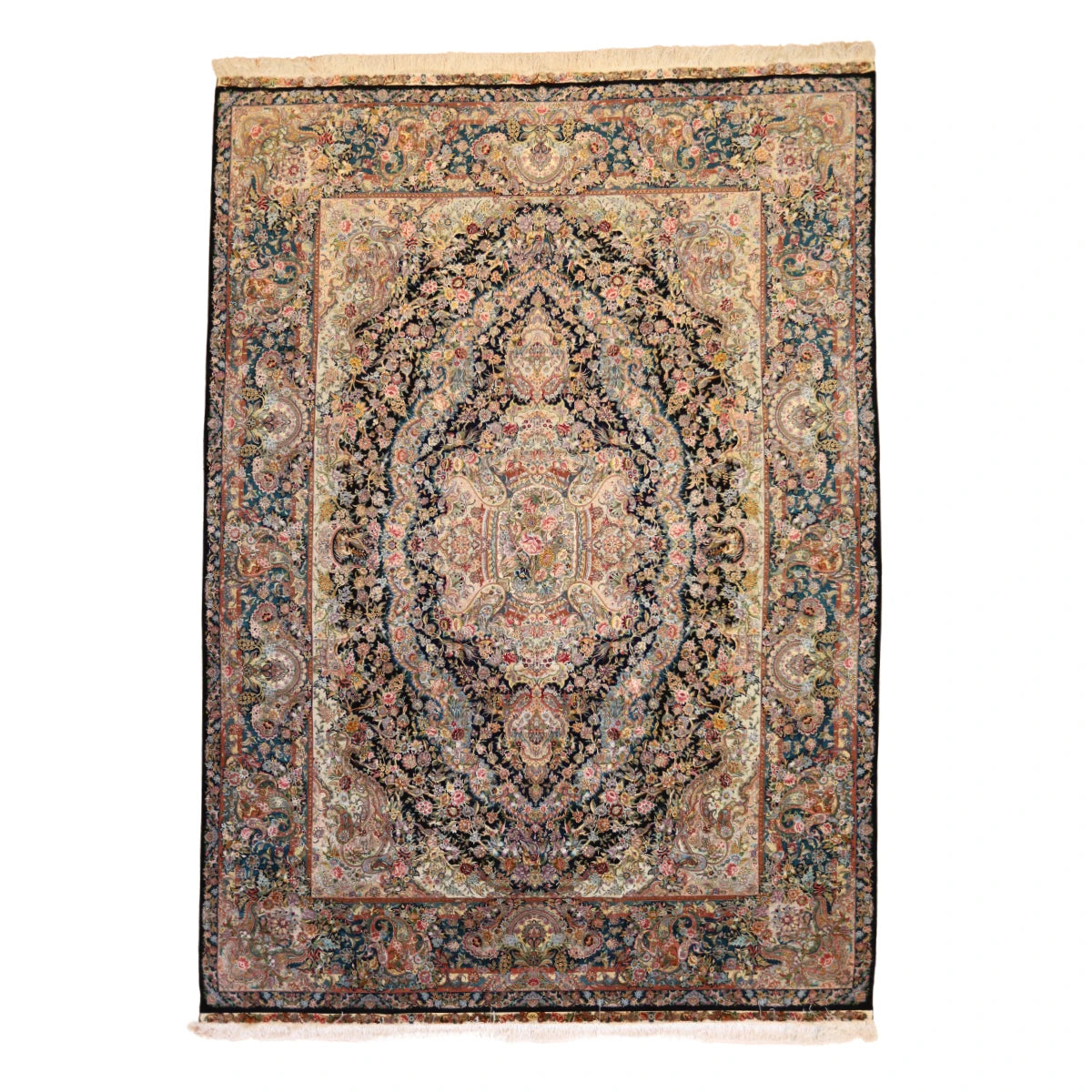 9'8" x 13'9" BLACK AND TEAL TABRIZ FLORAL PERSIAN RUG