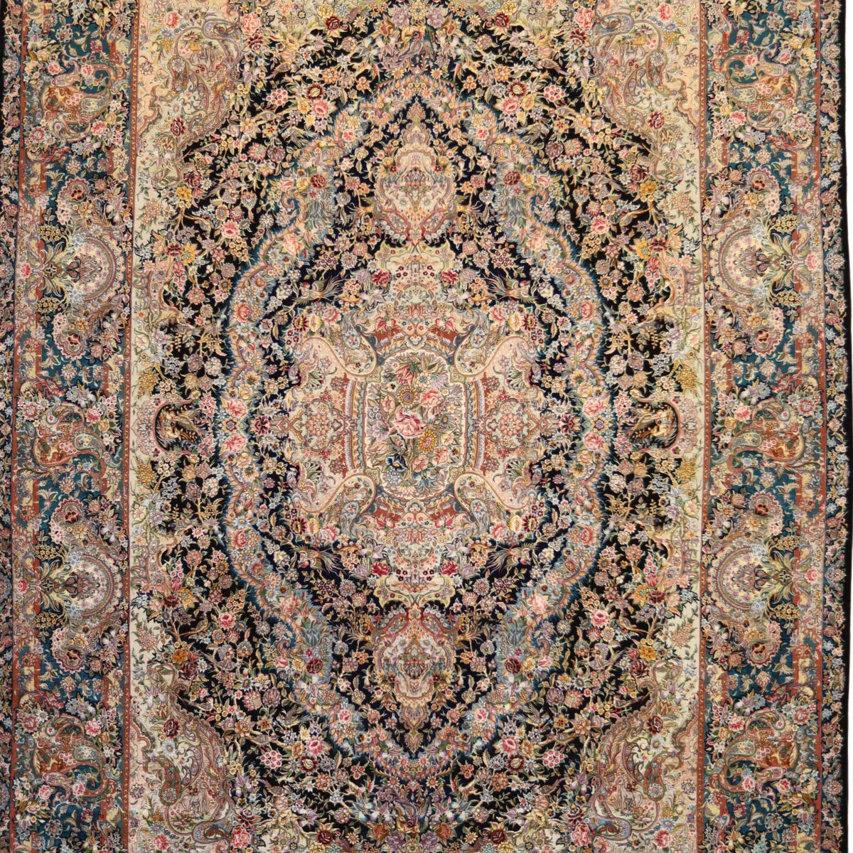 9'8" x 13'9" BLACK AND TEAL TABRIZ FLORAL PERSIAN RUG