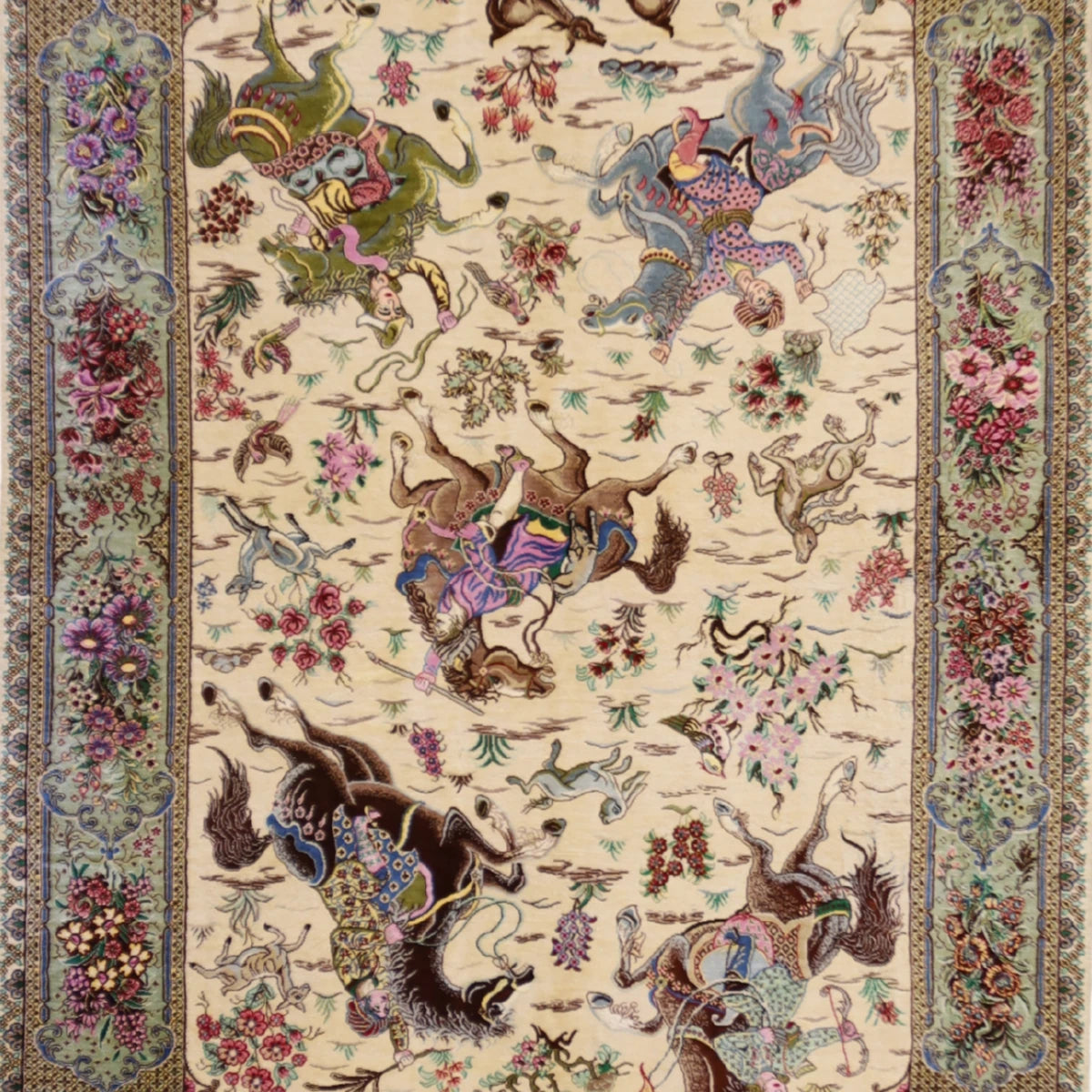 3'3" x 4'11" BEIGE AND GREEN QUM FLORAL PERSIAN RUG