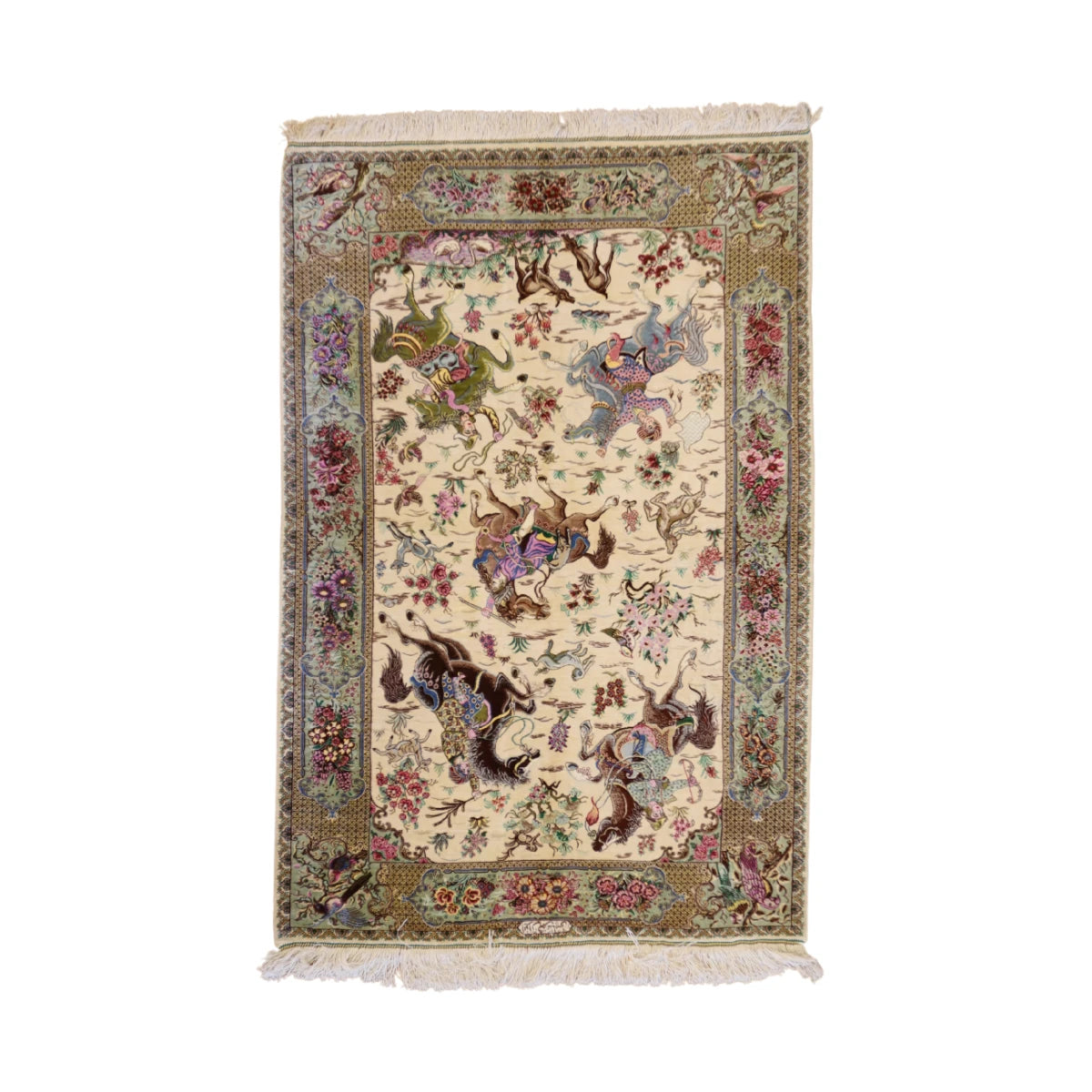 3'3" x 4'11" BEIGE AND GREEN QUM FLORAL PERSIAN RUG