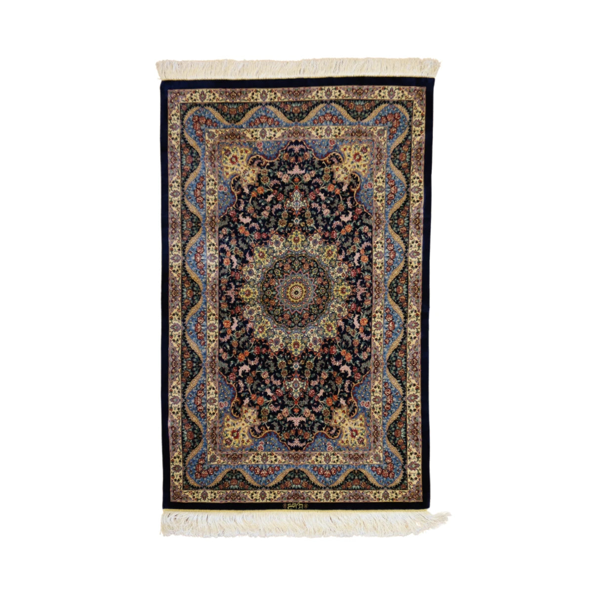 3'4" x 5'0" NAVY AND NAVY QUM FLORAL PERSIAN RUG