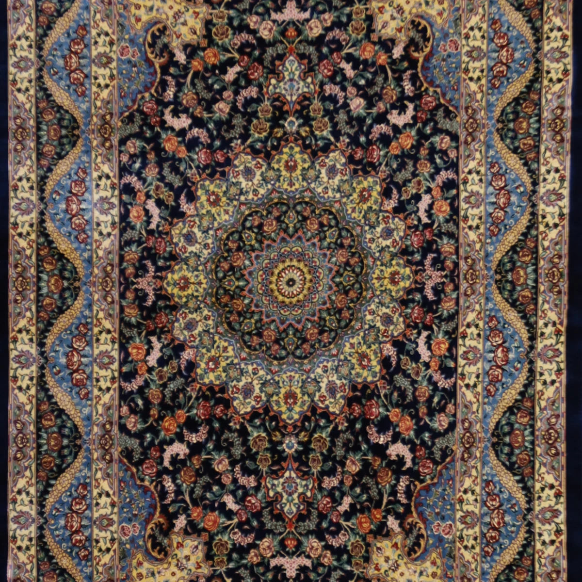 3'4" x 5'0" NAVY AND NAVY QUM FLORAL PERSIAN RUG