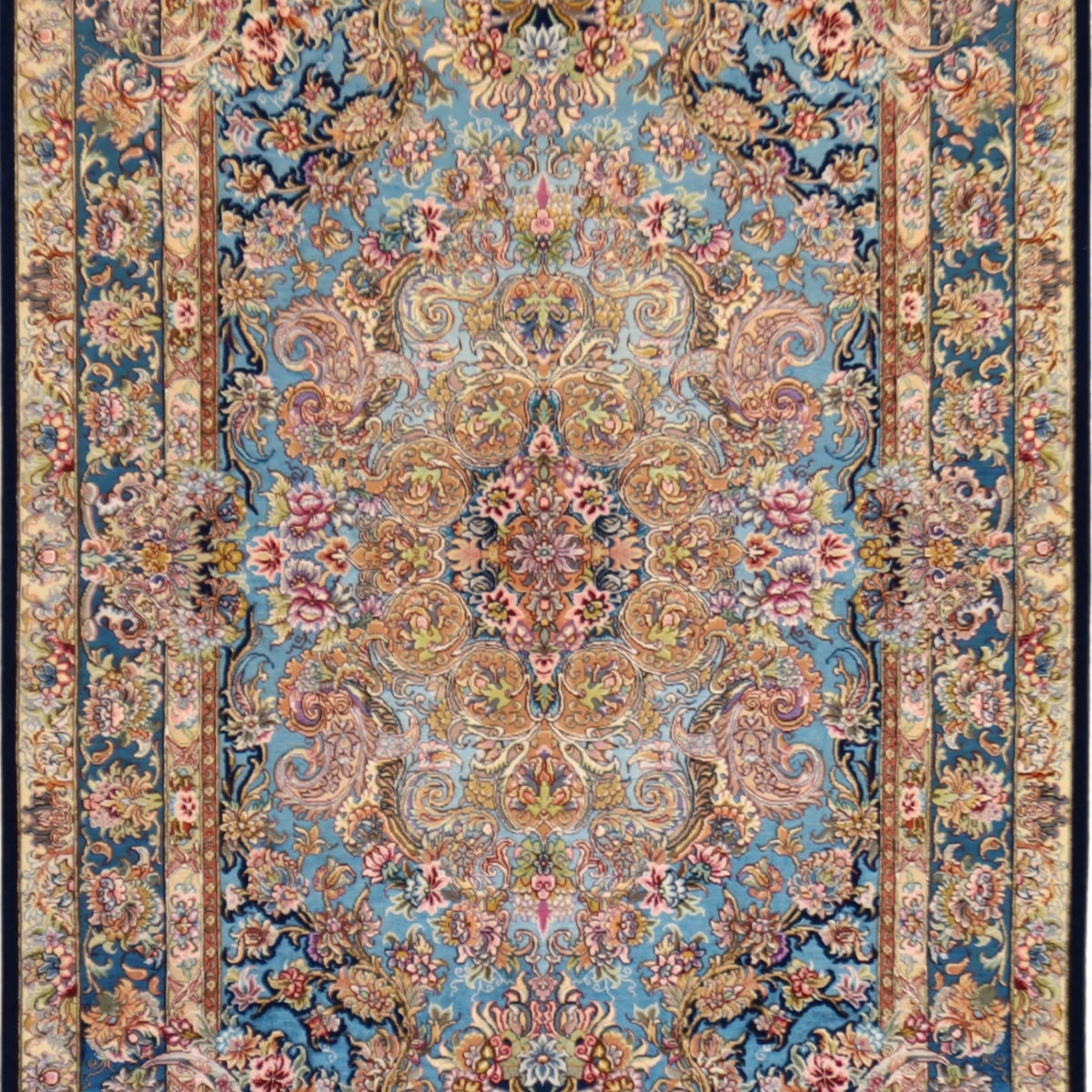 3'4" x 5'4" BLUE AND BLUE QUM FLORAL PERSIAN RUG