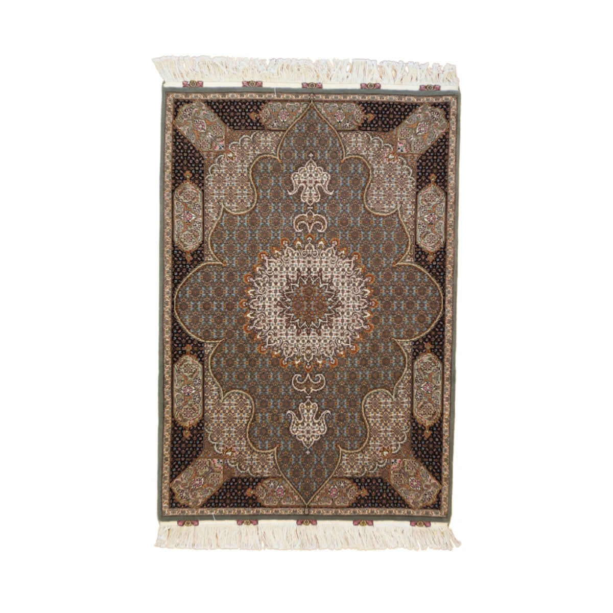 3'5" x 5'1" GREEN AND BLACK TABRIZ GEOMETRIC PERSIAN RUG