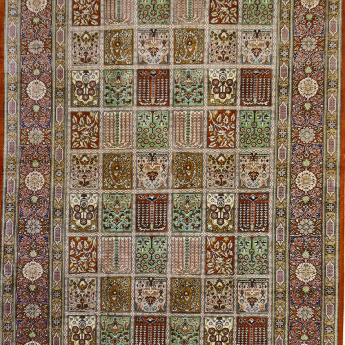 3'4" x 4'10" MULTICOLOR AND BURNTORANGE QUM PANNEL PERSIAN RUG