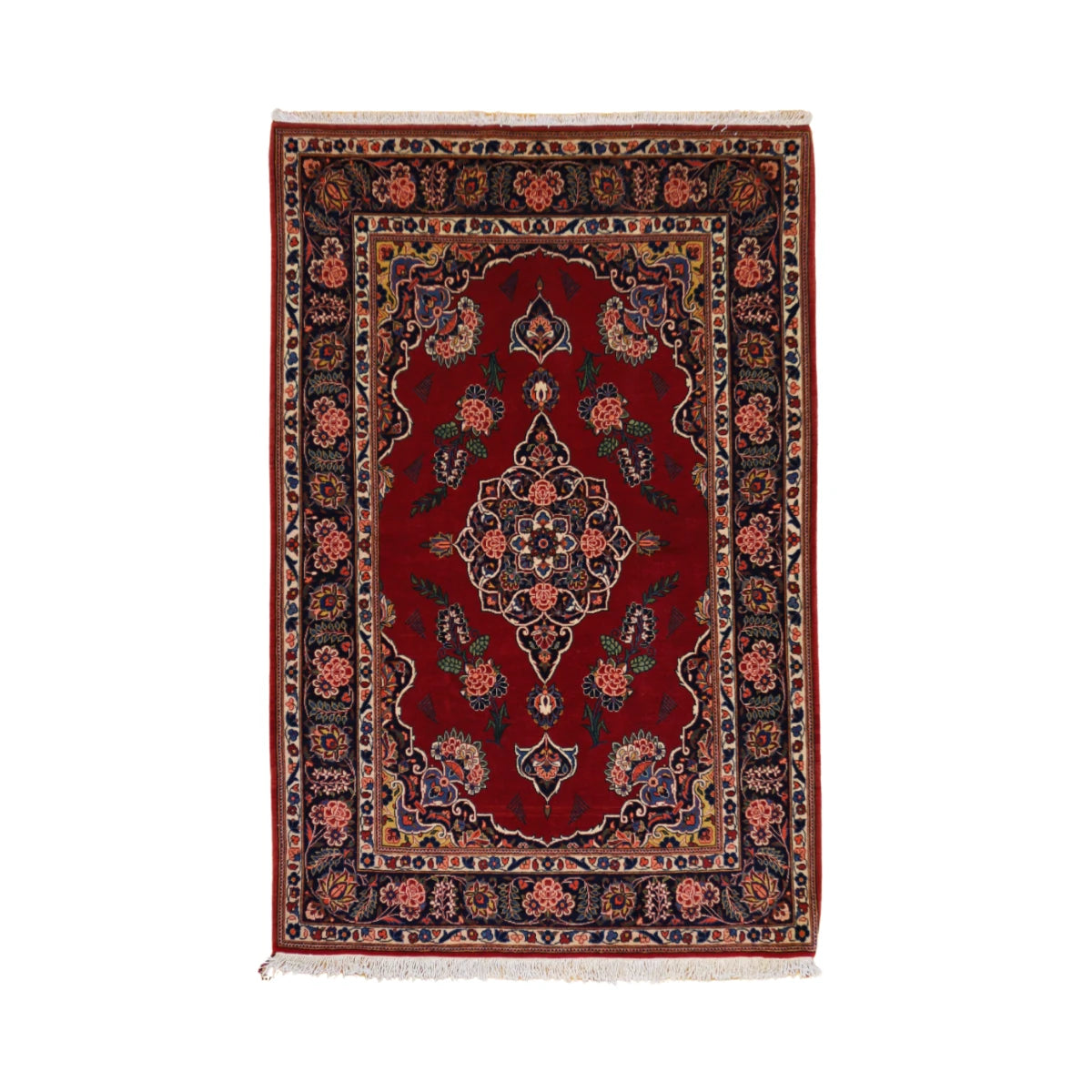 3'7" x 5'5" RED AND NAVY KASHAN FLORAL PERSIAN RUG