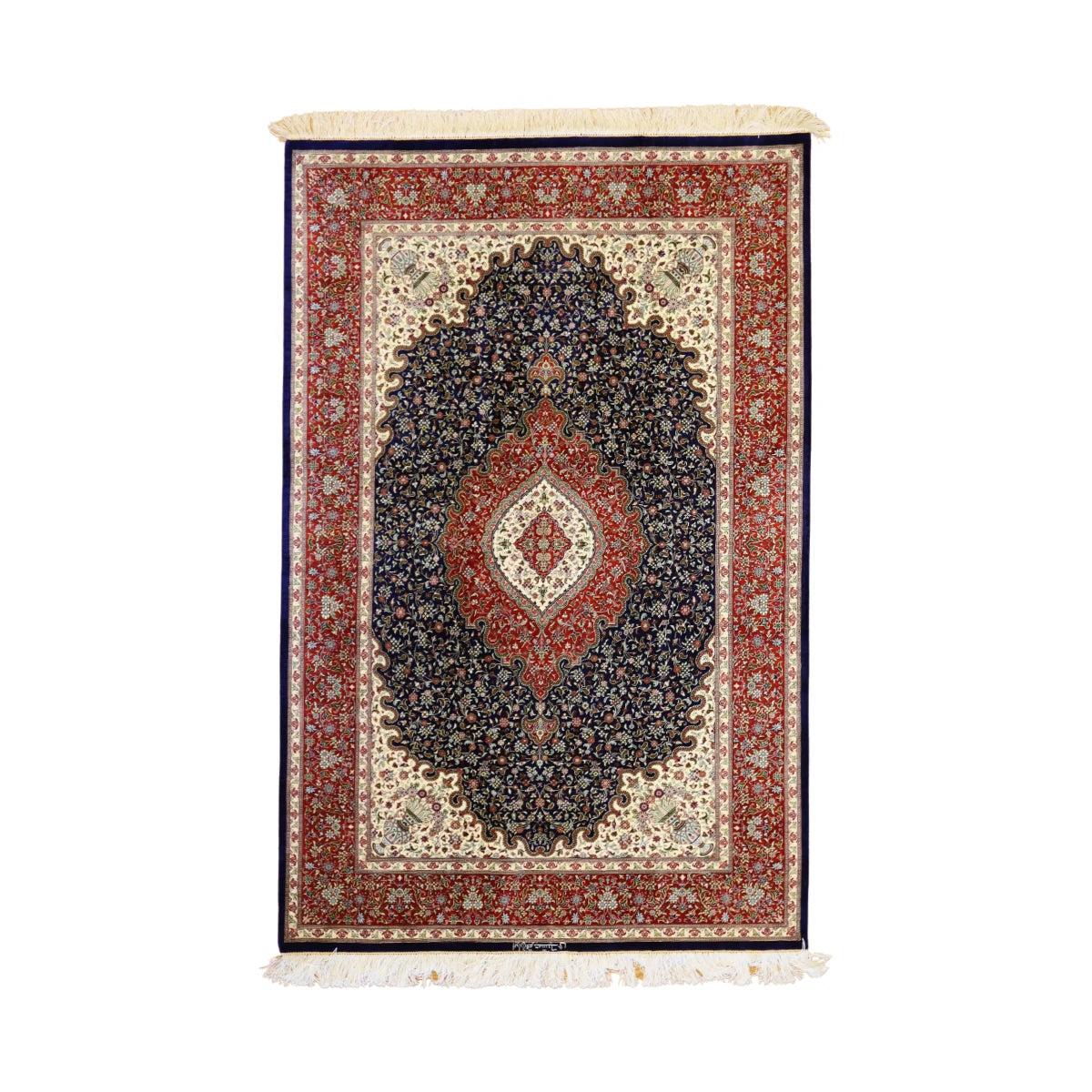 4'3" x 6'6" NAVY AND RED QUM FLORAL PERSIAN RUG