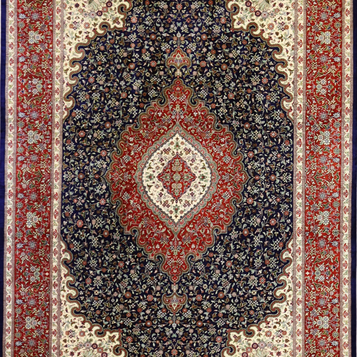 4'3" x 6'6" NAVY AND RED QUM FLORAL PERSIAN RUG