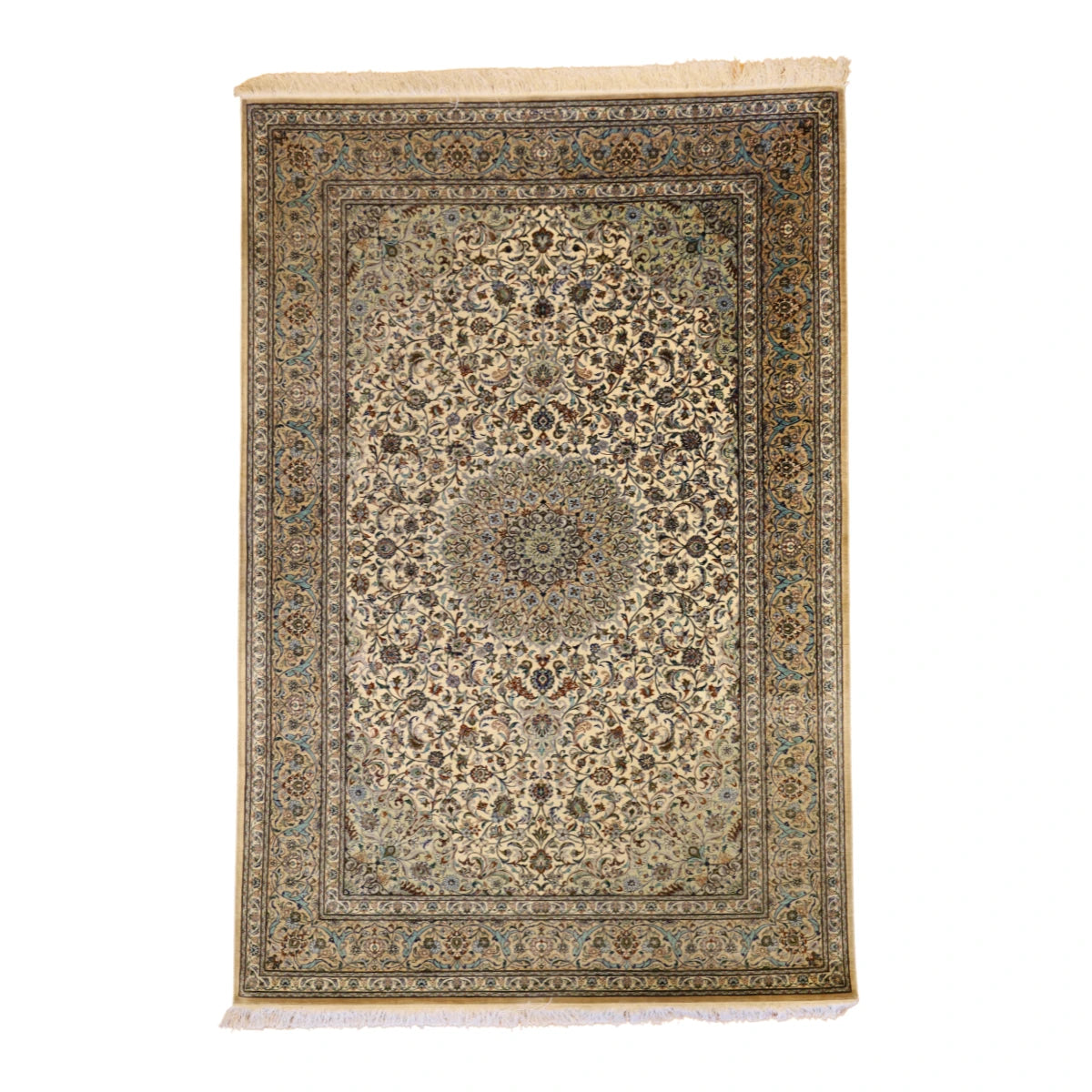 4'5" x 6'8" IVORY AND BEIGE QUM FLORAL PERSIAN RUG