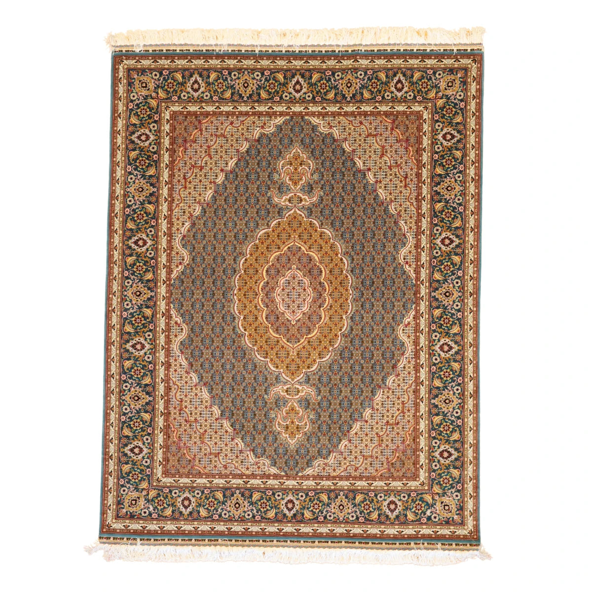 5'0" x 6'9" GREEN AND TEAL TABRIZ GEOMETRIC PERSIAN RUG