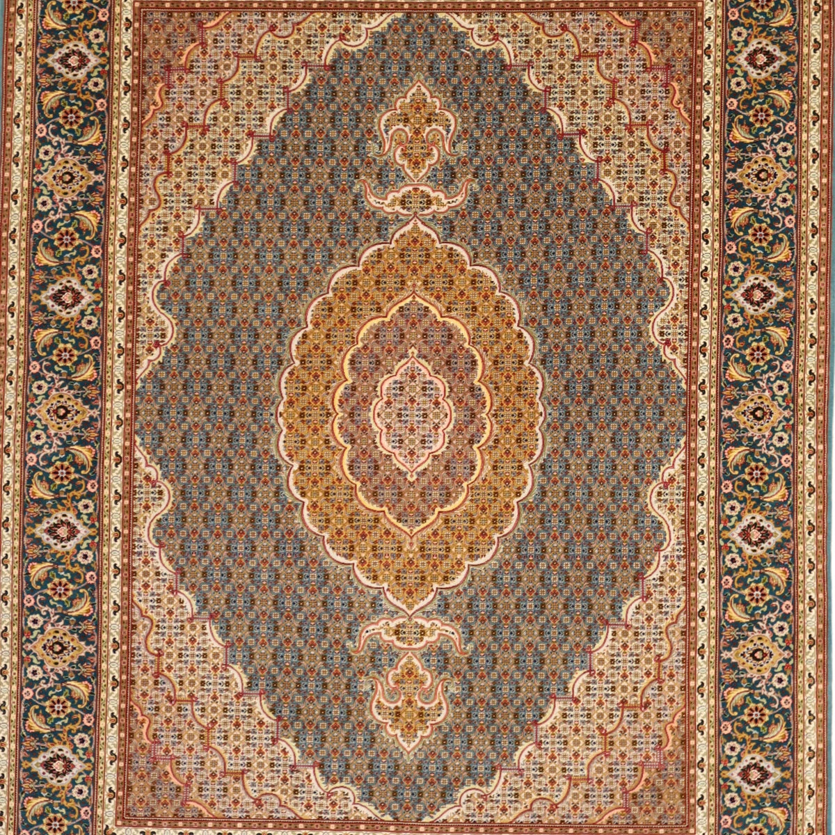 5'0" x 6'9" GREEN AND TEAL TABRIZ GEOMETRIC PERSIAN RUG