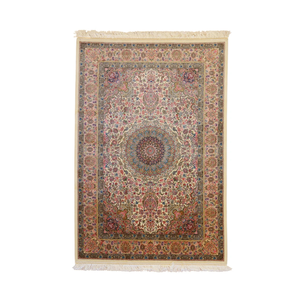 4'5" x 6'6" IVORY AND GOLD QUM FLORAL PERSIAN RUG