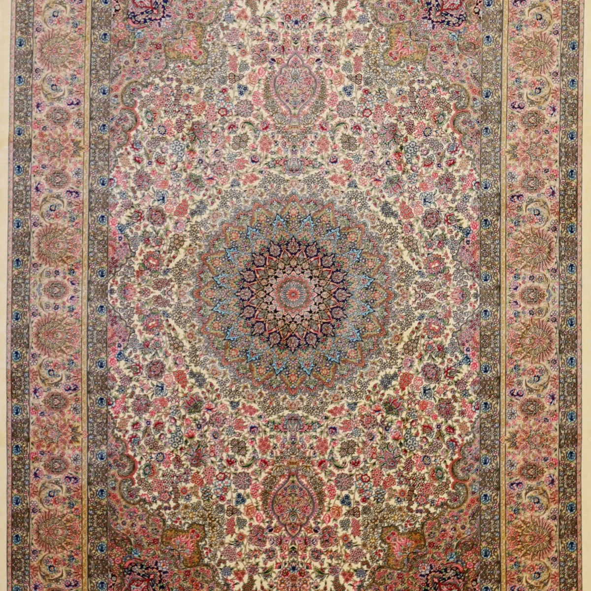 4'5" x 6'6" IVORY AND GOLD QUM FLORAL PERSIAN RUG