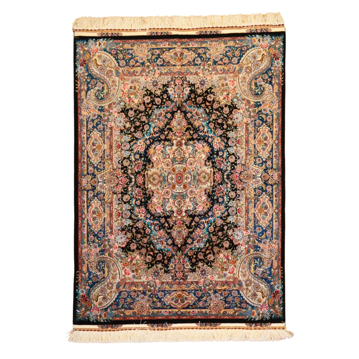4'11" x 7'0" BLACK AND TEAL TABRIZ FLORAL PERSIAN RUG