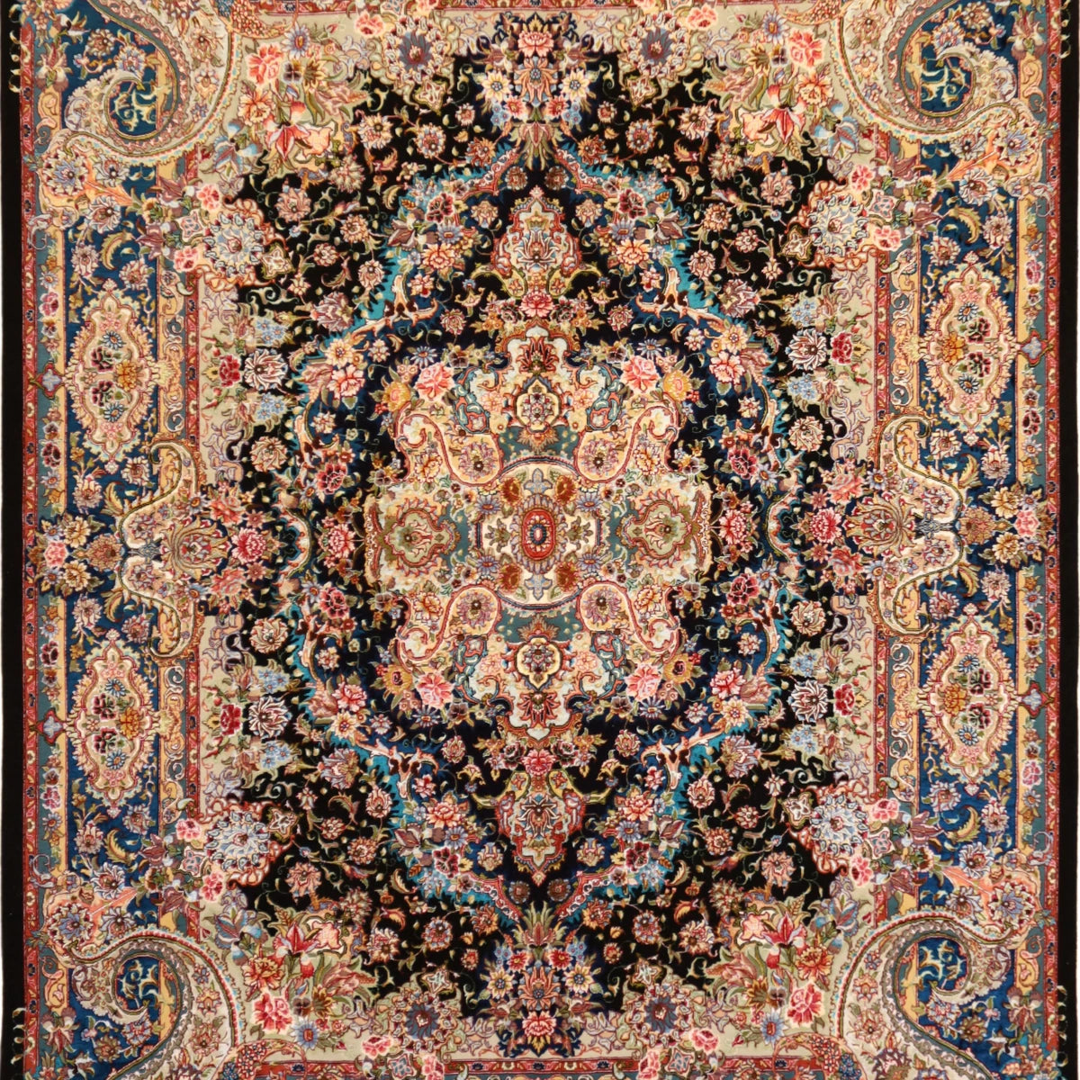 4'11" x 7'0" BLACK AND TEAL TABRIZ FLORAL PERSIAN RUG
