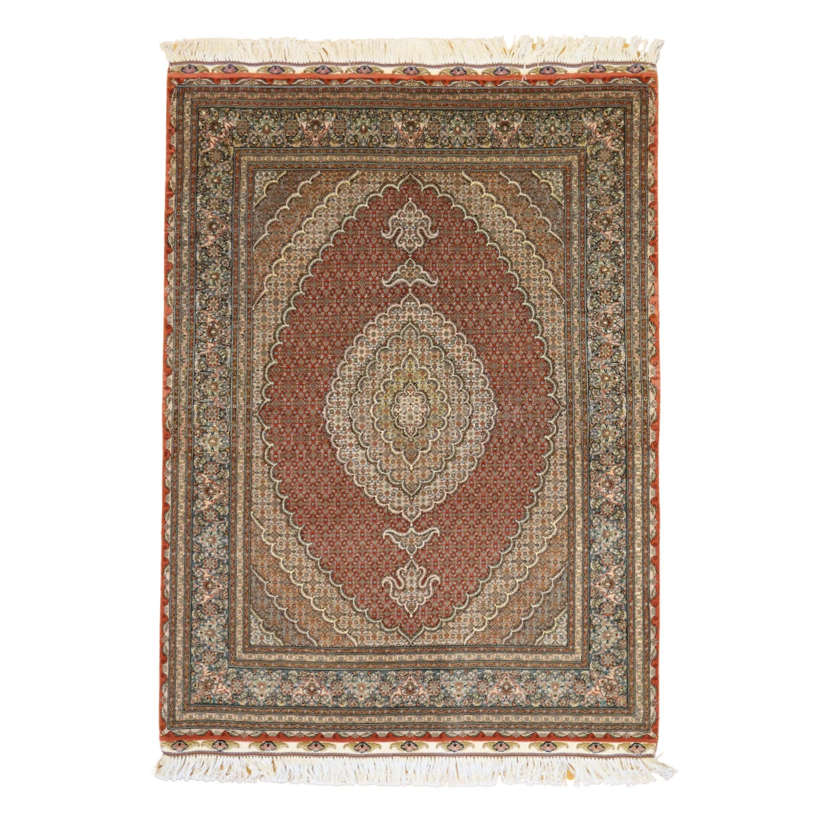 4'10" x 6'10" SALMON AND TEAL TABRIZ GEOMETRIC PERSIAN RUG