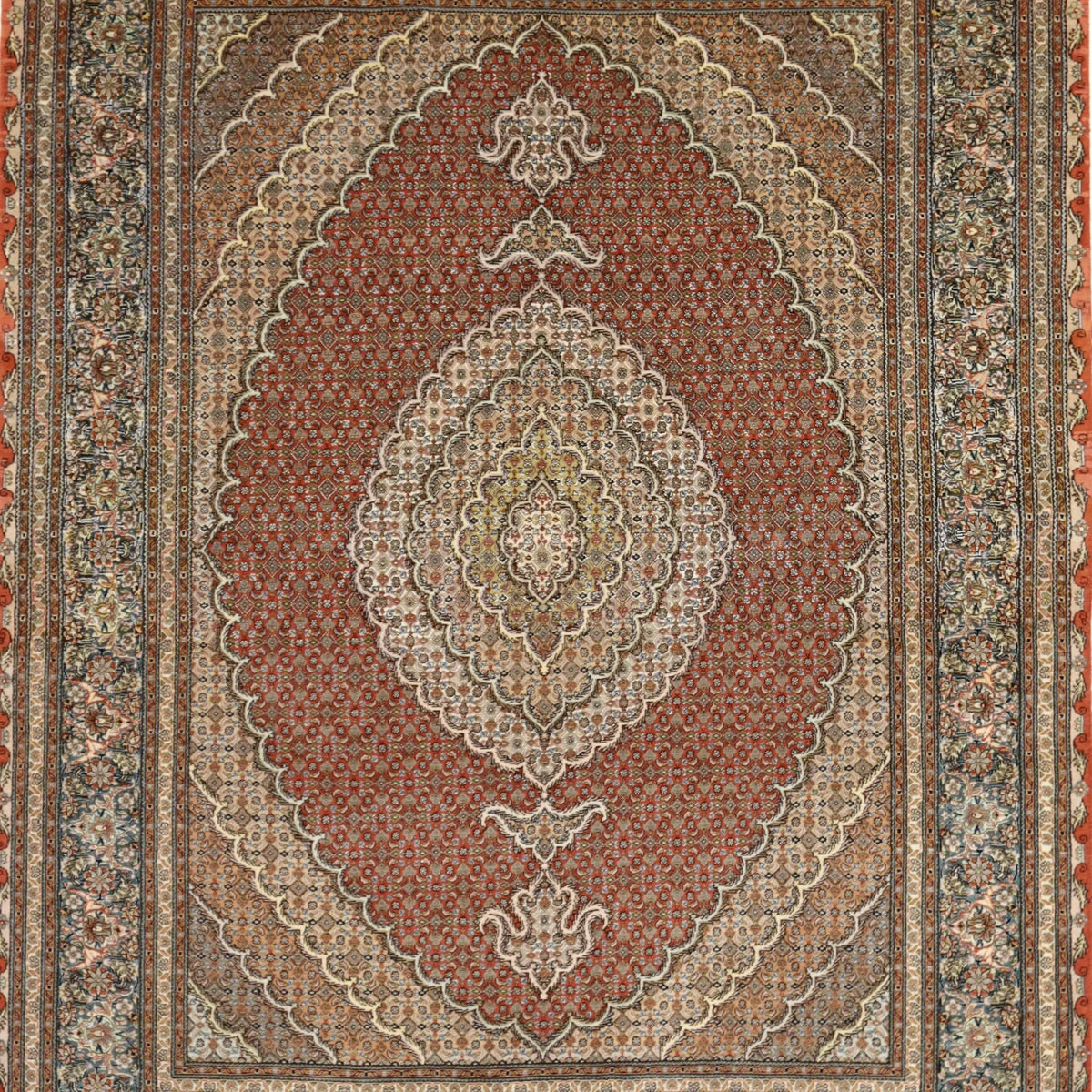 4'10" x 6'10" SALMON AND TEAL TABRIZ GEOMETRIC PERSIAN RUG