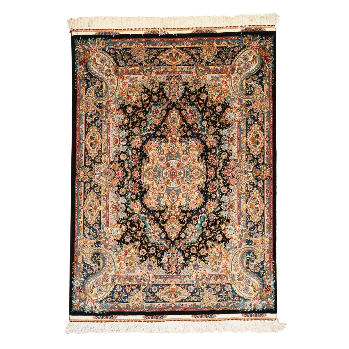 4'11" x 7'7" BLACK AND TEAL TABRIZ FLORAL PERSIAN RUG