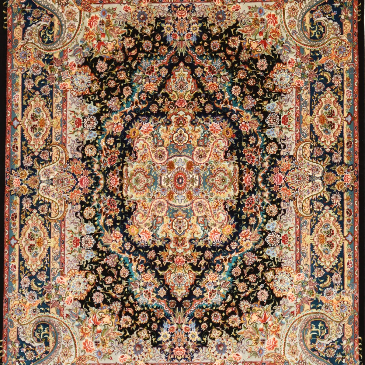 4'11" x 7'7" BLACK AND TEAL TABRIZ FLORAL PERSIAN RUG