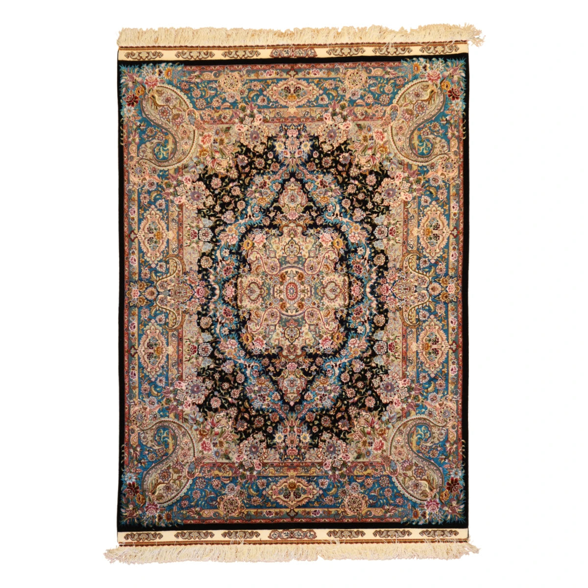 5'0" x 7'0" BLACK AND TEAL TABRIZ FLORAL PERSIAN RUG
