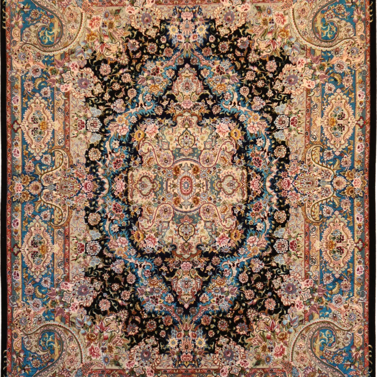 5'0" x 7'0" BLACK AND TEAL TABRIZ FLORAL PERSIAN RUG