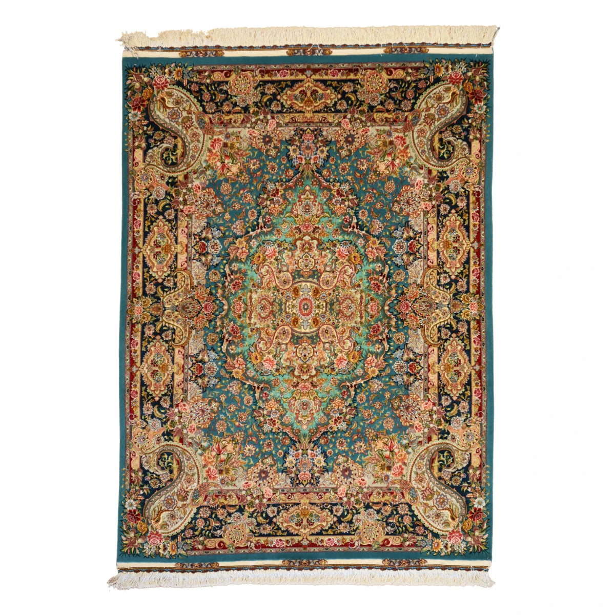 4'11" x 6'11" TEAL AND BLUE TABRIZ FLORAL PERSIAN RUG