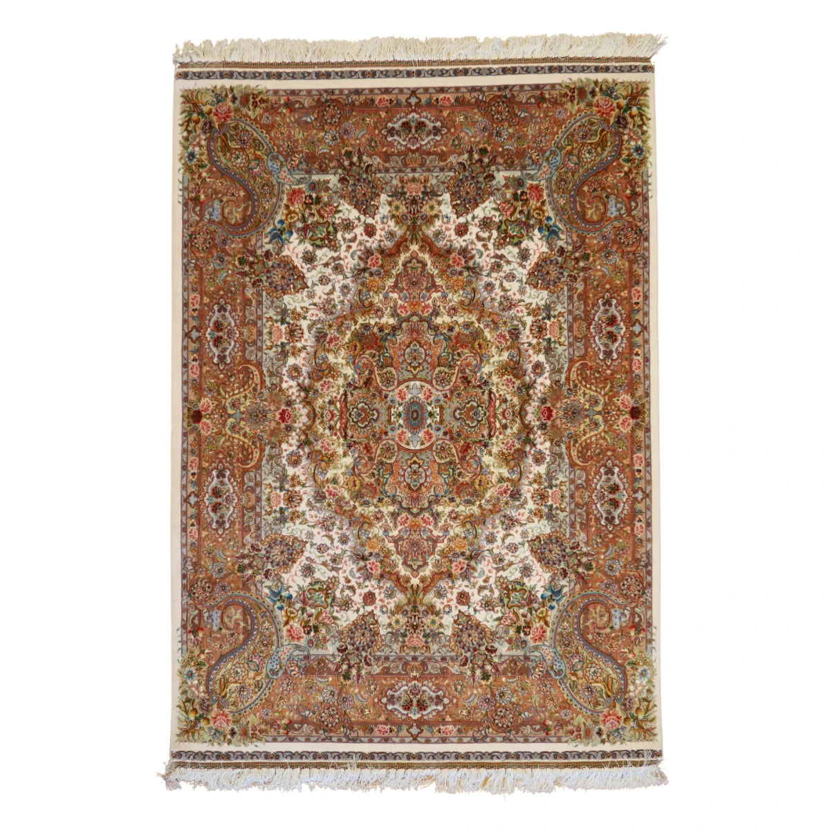 4'10" x 7'1" BEIGE AND SALMON TABRIZ FLORAL PERSIAN RUG