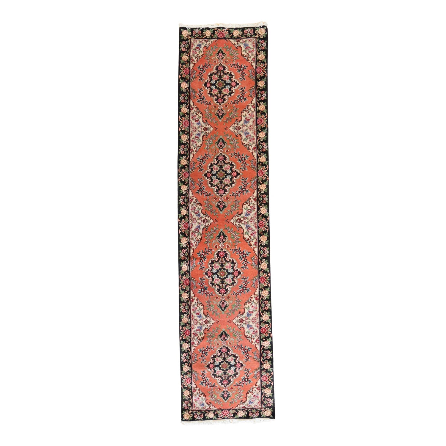 2' 11" x 12' 8" SALMON AND BLACK TABRIZ FLORAL PERSIAN RUG