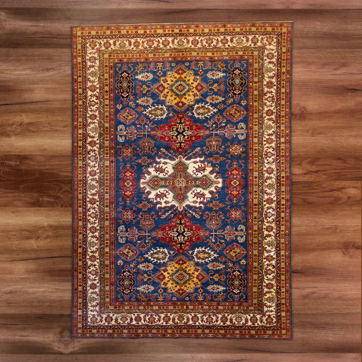 9'9" x 13'11" NAVY AND IVORY KAZAK GEOMETRIC PAKISTANI RUG
