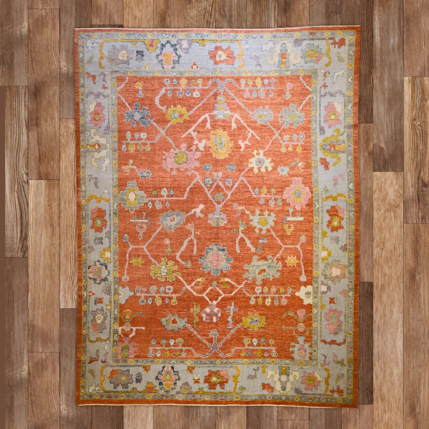 10'1" x 13'5" SALMON AND BLUE OUSHAK GEOMETRIC TURKISH RUG