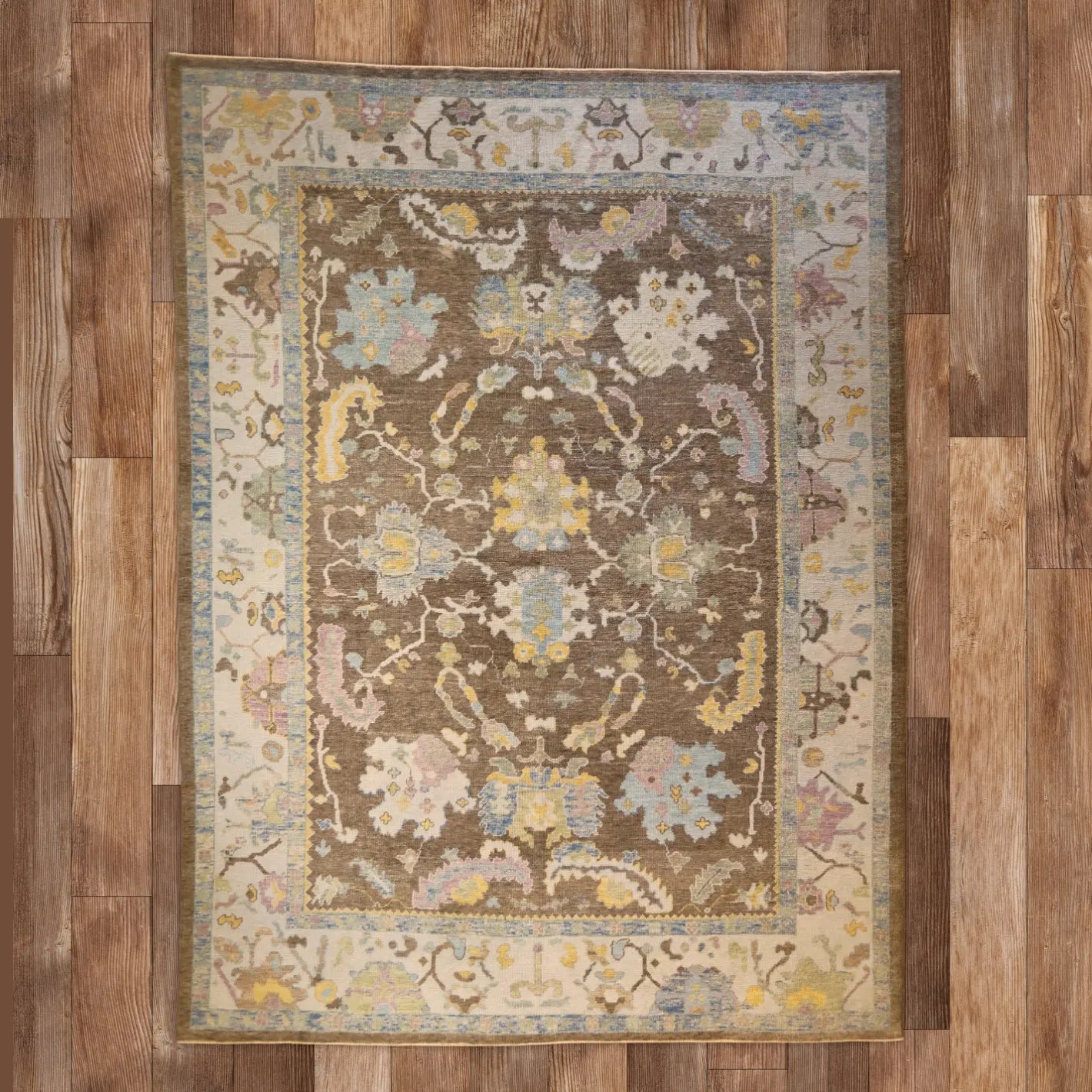 10'   1" x  13'   6" BROWN AND BLUE OUSHAK GEOMETRIC TURKISH RUG